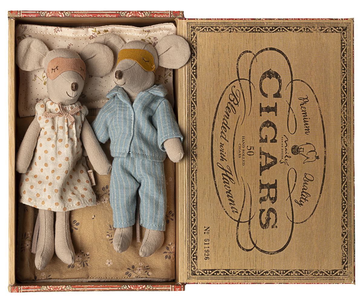 Souris Maman & Papa dans leur coffret à cigares