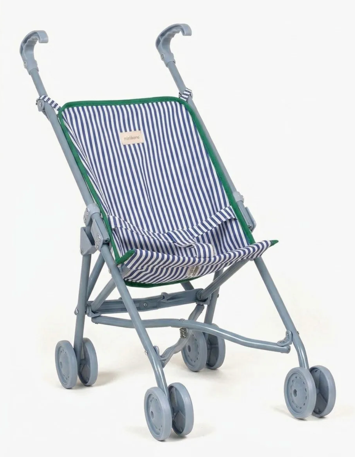 Poussette poupée en coton rayé bleu / blanc et bord vert sur châssis crème
