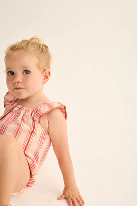 Combinaison bébé rayée - Rose