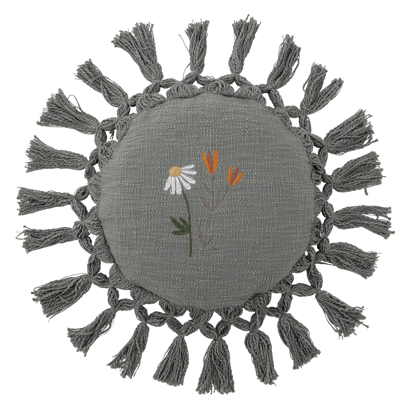 Coussin rond broderie bleu gris - ø 34 cm